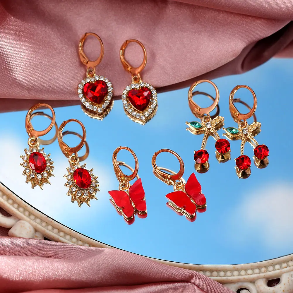 Flatfoosie Boho Butterfly Cherry Drop Earrings For Women Girls Gold Color Crystal Heart Earrings Set cherry earrings drop earrings butterfly earrings crystal earrings