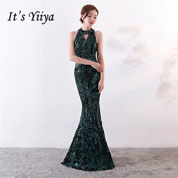 

Evening DressesIt's Yiiya DX368 Mermaid Floor-Length Sequined Evening Dress Long Halter Collar Sleeveless Robe De Soiree