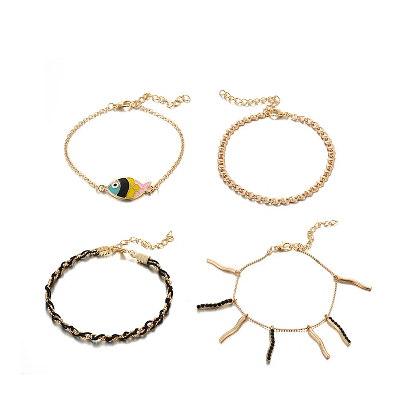 4 шт./компл. модные черные CZ браслеты с кисточками для женщин boho ручной вязаный рыбный ножной браслет на ногу ножной браслет ювелирные изделия - Окраска металла: Золотой цвет
