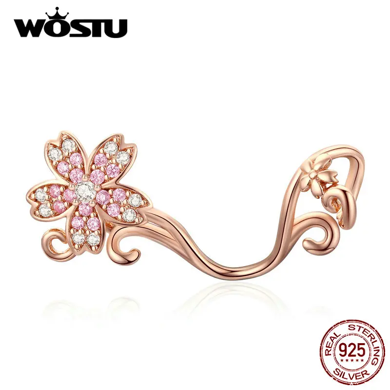 WOSTU настоящий 925 пробы Серебряный Розовый Цветок сакуры талисманы бусины подходят для женщин браслет DIY ювелирных изделий CQC1033-C