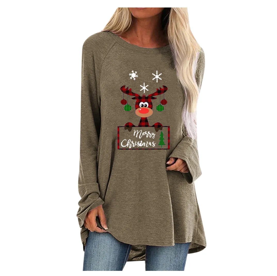 Женские блузки свободного кроя с рождественским принтом Eik, с длинным рукавом, базовая футболка с рождественским карманом, Женская Асимметричная рубашка, топ, уникальный женский топ размера плюс 5XL