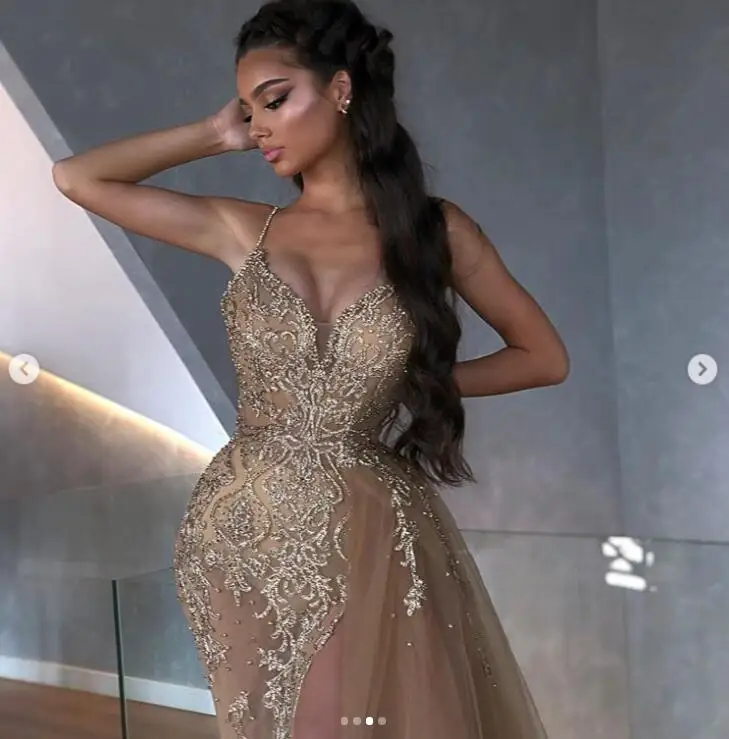 Бисерные вечерние платья со съемным хвостом vestido longo Дубай вечернее платье Robe De Soiree V образным вырезом abiye вечернее платье с Боковым Разрезом