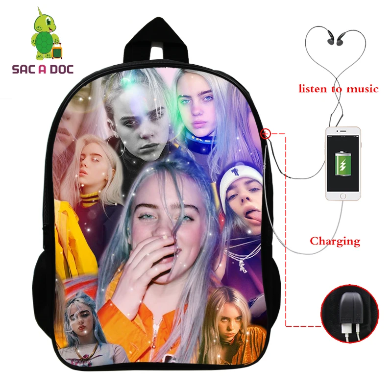 164-JX-billie 4 Рюкзак Mochila Billie Eilish, школьные сумки для подростков, девочек, мальчиков, рюкзак, женский рюкзак, USB зарядка, многофункциональный рюкзак для путешествий - Цвет: 164-JX-billie 4