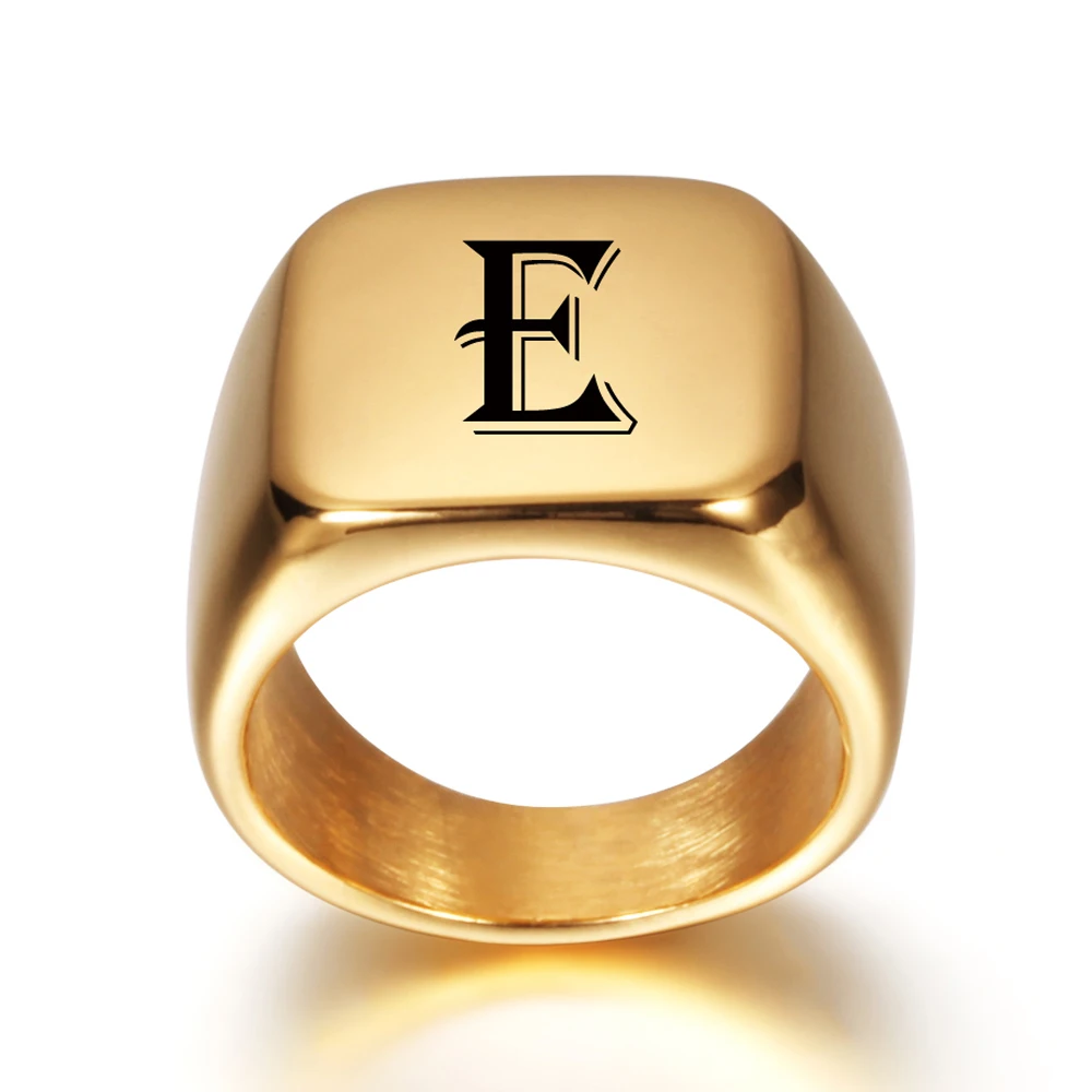Signet Ring Personalised Initial Engrave A to Z Alphabet Stainless Steel Signet Blank Plain Ring Band High Polished Gold Color Tone U.S.Size