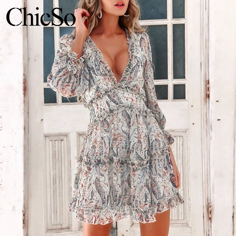 MissyChilli Floral print vneck ruffle short dress women Elegant sexy backless chiffon bohu Spring summer party beach | Женская одежда