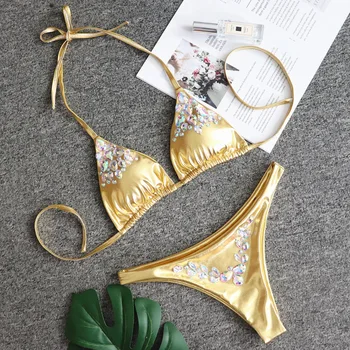 

Gold Rhinestone Bikini Set Brazilian Thong Swimsuit Sexy Biquini Female Diamond Swimwear Women Crystal Bathing Suit Beachwear