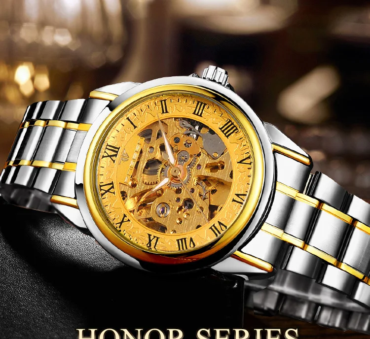 FNGEEN мужские роскошные механические часы с автоматическим заводом и скелетом, золотые водонепроницаемые наручные часы из нержавеющей стали, мужские часы 8866 г