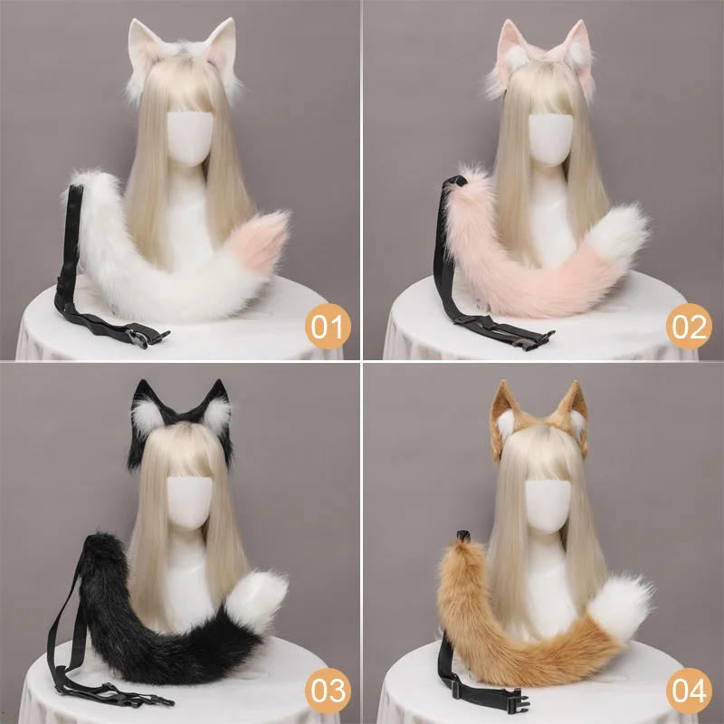 Simulation 3D Furry Fox Wolf Ears Headband Tail Faux Fur Fluffy Plush Animal Tail Anime Hair Hoop Lolita Cosplay Hair Accessory r3011 patch anime sticker for clothing applications patches on clothes iron animal embroidered patch for backpack badge
