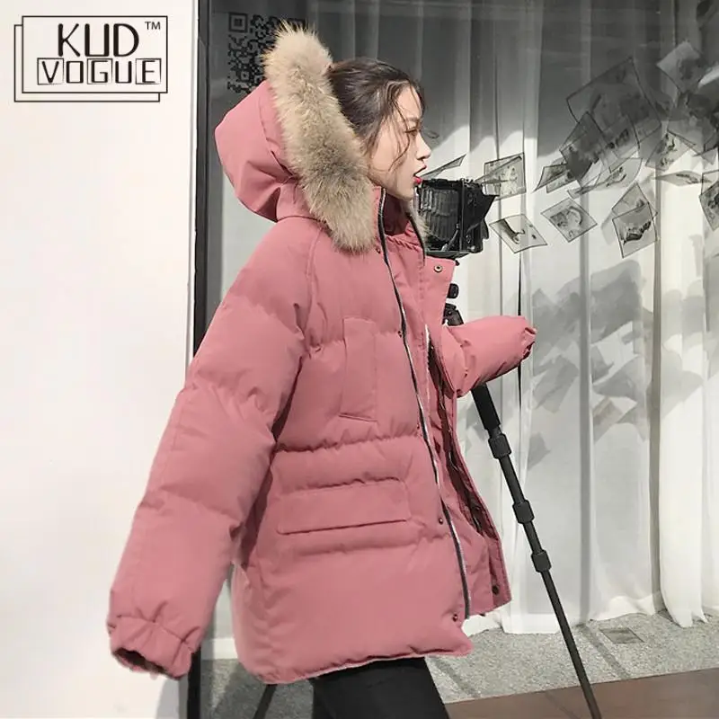 

Korean Style Fashion Fur Collar Hooded Coat Warm Soild Winter Coat Women Parka Plus Size Pink Basic Chic Jacket Short Coat 8446