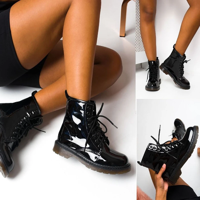 

ENPLEI Winter Boots Women Ankle Boots Fashion Boots Mirror Matte Shoes For Woman Casual Spring Lace-Up Leather size 35-41
