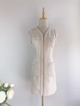 

Early autumn 2019 new milky little sweet wind dress tweed coat outside heavy pearl vest pocket