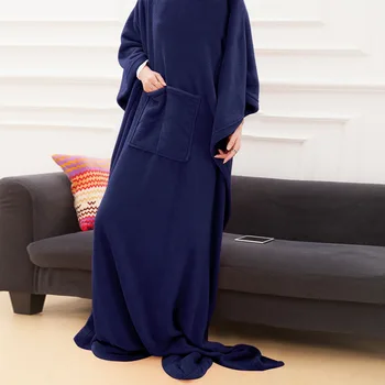 

Soft Warm Long Fleece Blanket with Sleeves Coral Fleece Pocket Fuzzy Robe Adult Winter Wash Flannel Blankets Home Travel Camping