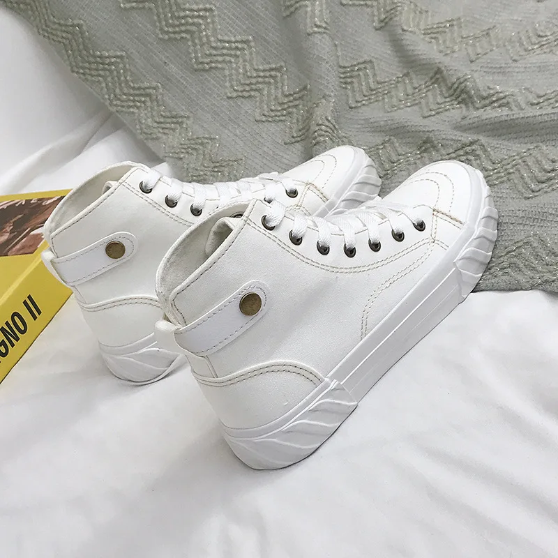 QWEDF 2019 Fashion High Top Sneakers Canvas Shoes Women Casual Shoes White Flat Female Basket Lace Up Trainers Chaussure SE-56