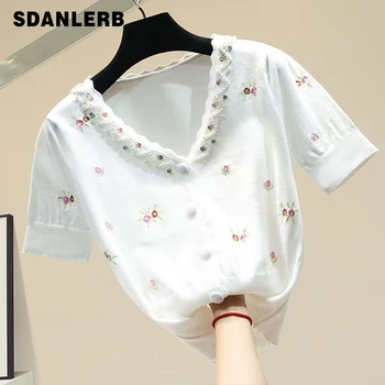 

Knitted White Flowers Embroidery Beaded V-neck Short Sleeve T-shirt Female Summer Tops Crop Top Ladies Short Knit T Shirt