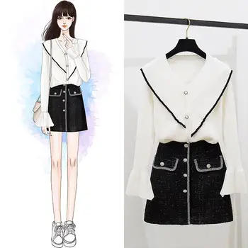 

Knitted suits new 2020 winter v-neck horn sleeve vogue sweet blouse cardigan A line skirt women outfit knitwear vestido lady set