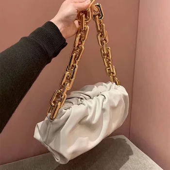 

Women Bags High Quality Thick Metal Chain Hobos Dumplings Bags Luxury Designer Ruched Shoulder Bag For Women Cloud Bag Handbag