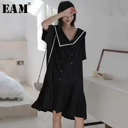 [EAM] женское Плиссированное плиссированное платье с большим подолом, новинка, v-образный вырез, рукав до локтя, свободный крой, мода