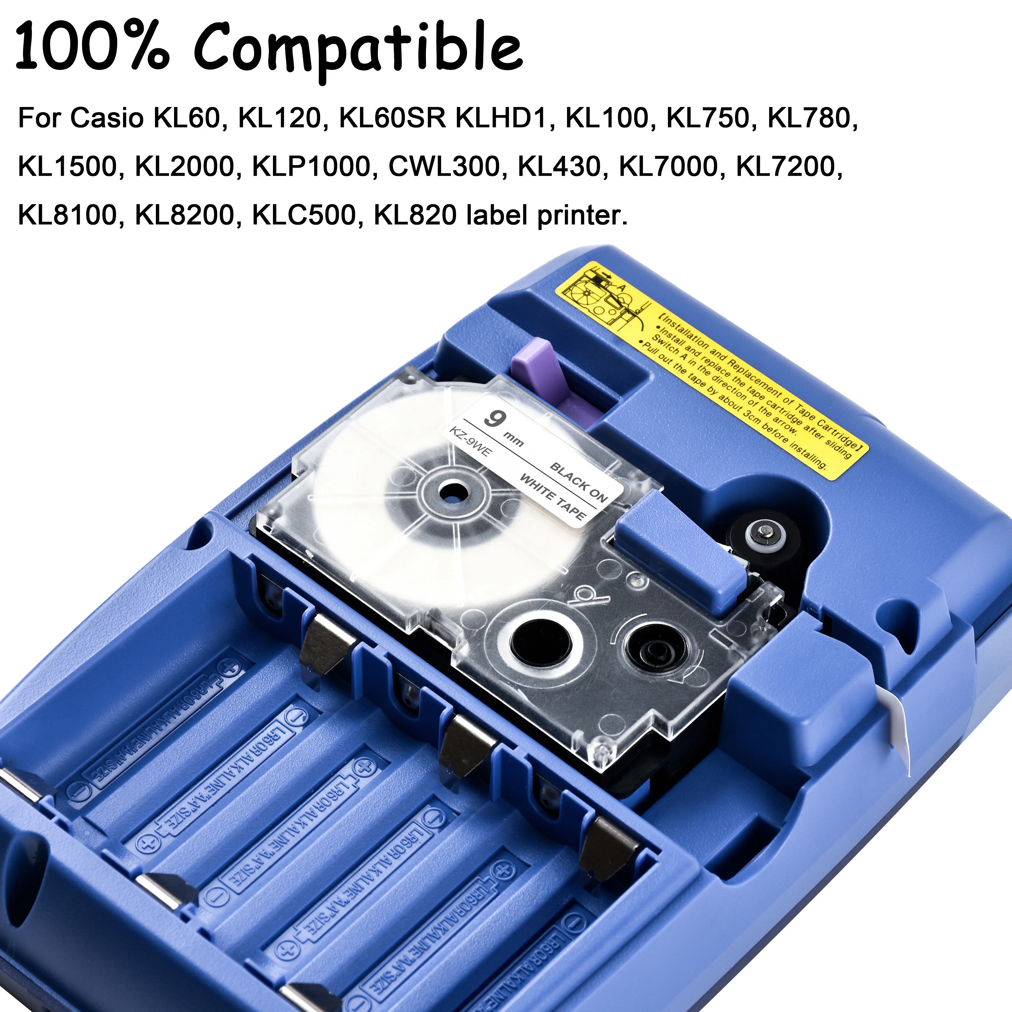 Casete de Cinta compatible con Casio XR-12BU XR-12BU1 Negro sobre Azul 12mm x 8m para Casio KL-60 70E 100 100E 120 200 200E 300 750 780 820 2000 7000 7200 7400 8100 8200 P1000 C500 CW-L300 
