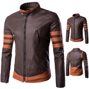 

Spring Autumn and Winter Fashion Men's Diamond Wolf Pu Leather Brown Jacket Motorcycle Leather Large Size Men Clothes 2019