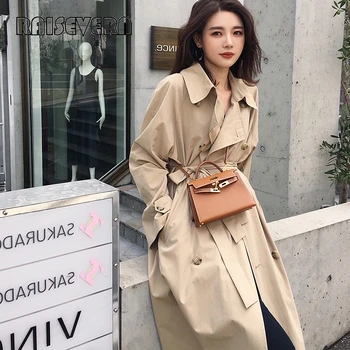 

Women's Khaki Trench Coat Autumn Loose Long Trench Coat Casual OL Style Double Breasted Office Lady Windbreaker With Belt