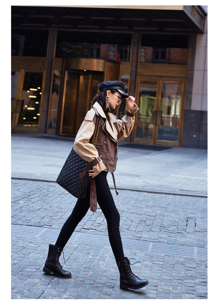 DBYCOOL Pu Leather Jacket Women New Short Motorcycle Jacket Loose High Waist Color Block Fashion Biker Coat Female 45413215