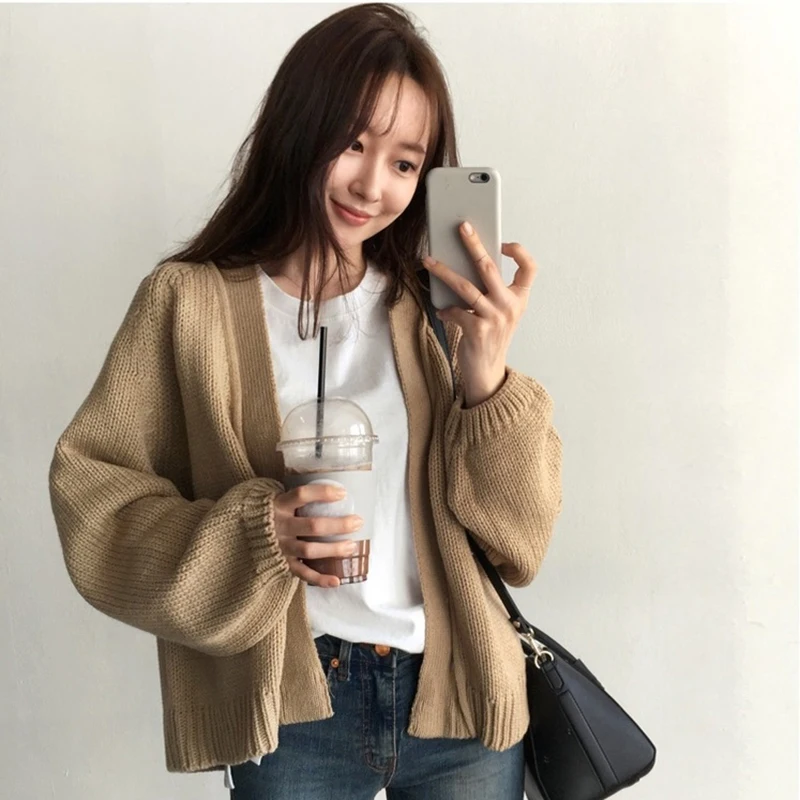 Achat Court Cardigan femmes chandail Crop tricoté automne fille Vintage 2019 hiver veste corée lâche décontracté épais chaud chandails étudiant