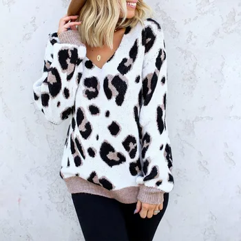 

2020 Fall/Winter New Women's Top Leopard Print Pullover All-Match Sweater Loose Casual V-Neck Long-Sleeved Thick Warm Sweater