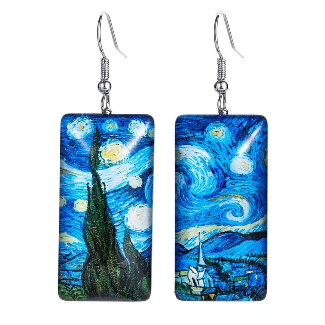 Art Resin Painting Personalized Earring For Women Tree Starry Sky Rectangular Geometric Earring Ocean Beach Style Party Jewelry