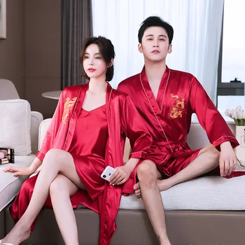

Couple Pajamas Female Summer Suspender Skirt Thin Section Satin Silk Sexy Bride Nightgown Men Spring And Autumn Bathrobe