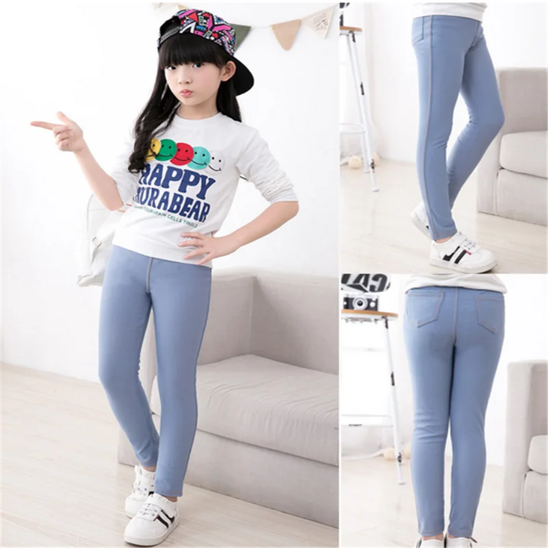 

CYSINCOS Fashion Candy Colors Girls Pencil Knit Imitation Denim Fabric Jeans Kids Mid Waist Full Length Pants For Teens Girl