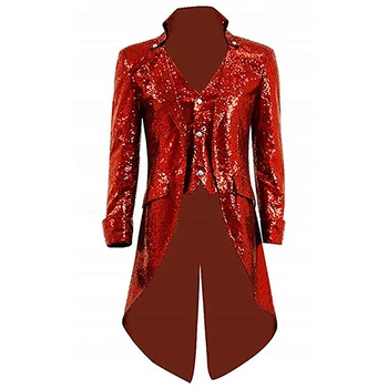 

[JK06] Glitter Chriatmas Red Sequins Long Blazer For Party Male Female Cosplay Costume Magic Show Bar Steampunk Tailcoat Jacket
