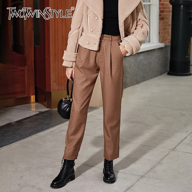 TWOTWINSTYLE Vintage Plaid Women Ankle-length Pants High Waist Pleated Hit Color Straight Pant Female Fashion Clothing 2020 Tide TWOTWINSTYLE Vintage Plaid Women Ankle-length Pants High Waist Pleated Hit Color Straight Pant Female Fashion Clothing 2020 Tide