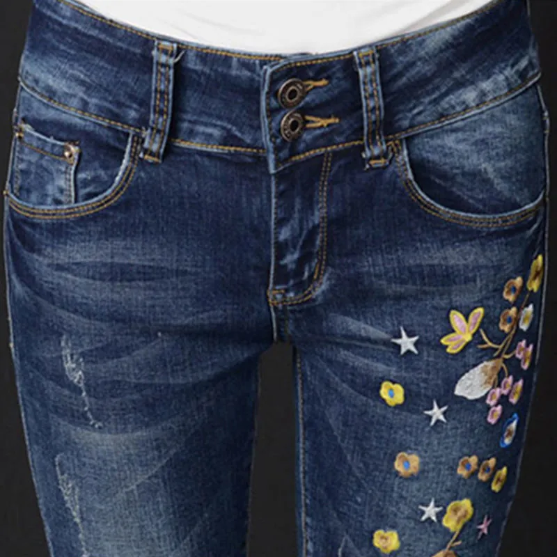 Women Jeans Embroidery Bottom Floral Embroidery Skinny Jeans New