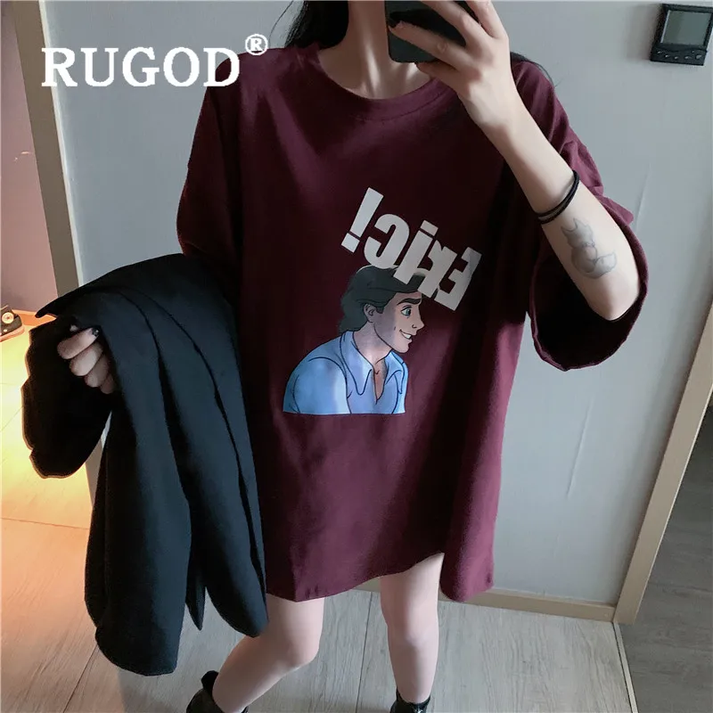 RUGOD, Забавный принт, длинная футболка, женская, модная, с буквенным принтом, с круглым вырезом, короткий рукав, негабаритная, футболка, harajuku, Корейская, повседневная, свободная, для девушек, топы