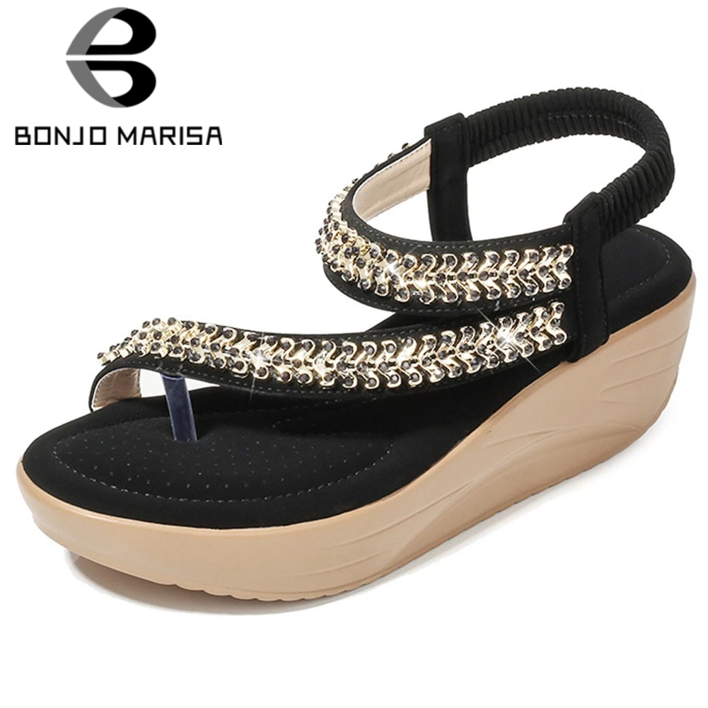 

BONJOMARISA Fashion Lady Rhinestone Sandals Platform High Wedges Back Strap Metal Casual Sandals Women Handmade Shoes Woman