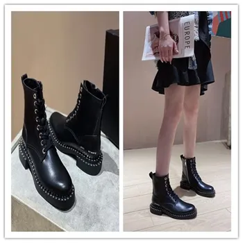 

2020 autumn new leather rivet Martin boots female king side zipper mid-tube boots black motorcycle boots trend