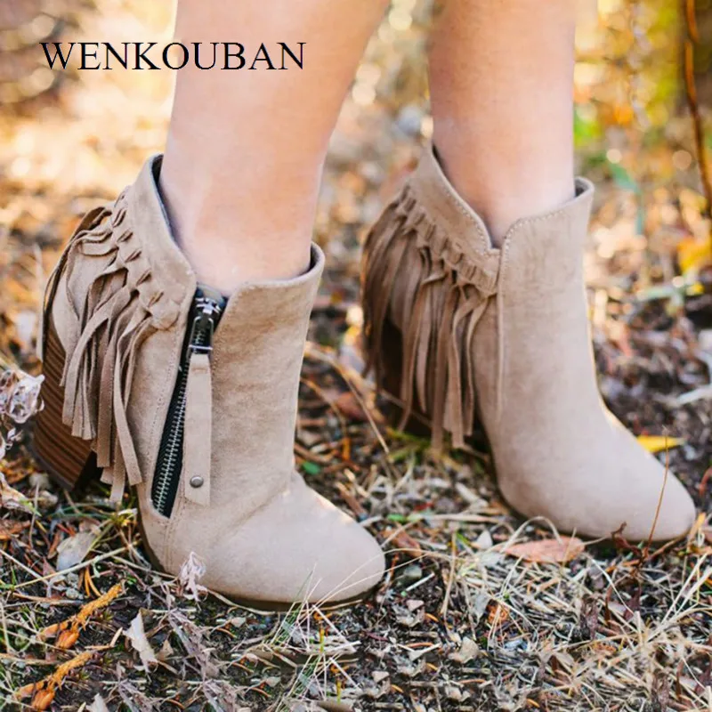 

Women Boots Flock Ankle Boots Autumn And Winte Square Heel Leather Tassel Boots Pointed Toe Fringe Zipper Botas Mujer Invierno