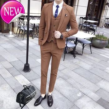 

three Designer You clothing, business wear, tight smoking suit, red wine, brown, men's clothing