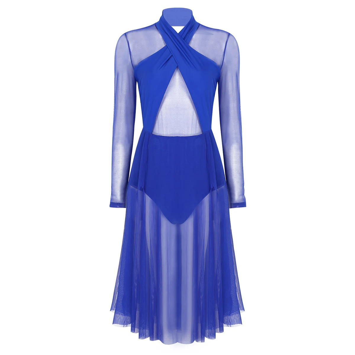Женская Современная лирическая танцевальная одежда, профессиональное балетное танцевальное платье, тренировочный костюм с длинным рукавом, прозрачные гимнастические купальники - Цвет: Royal Blue
