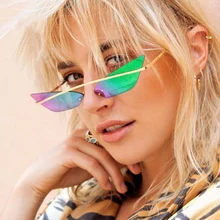 LNFCXI винтажные простые женские маленькие солнцезащитные очки кошачий глаз, женские брендовые дизайнерские модные зеркальные очки без оправы красного, синего, розового цвета