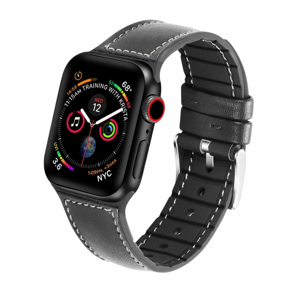 black Ремешок из натуральной кожи для apple watch ремешок 44 мм 40 мм iWatch ремешок 38 мм 42 мм силиконовый ремешок для часов Браслет apple watch 5 4 3 2 44 38 - Цвет ремешка: black