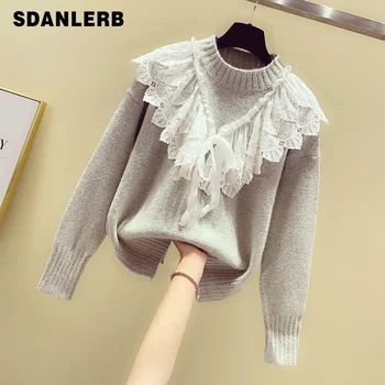

New Korean Style Sweater Lace Splicing Crewneck Long Sleeve Turtleneck Women's Knitted Shirt Jacket for Fall/Winter 2019 Jumper