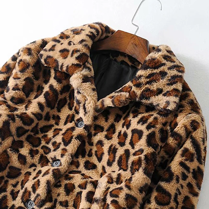 Модное женское леопардовое меховое пальто с отложным воротником, толстая теплая куртка, женская верхняя одежда, уличная одежда с длинным рукавом, пальто Manteau Femme