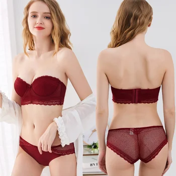 

NEW Women Lace Strapless Lingerie Bra Set 1/2 Cup Sexy Intimates Push Up Bra Set Convertible Anti-Slip Underwear Bra Panty Set