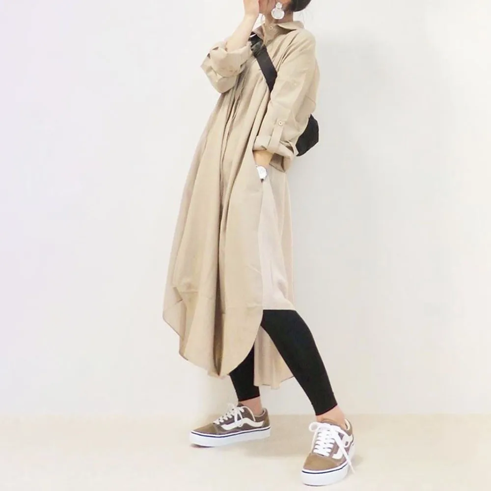 

Casual Women Autumn Shirt Dress Japan Korea Young Fashion Asymmetrical Splicing Button Lapel Long Sleeve Simple Office Loose