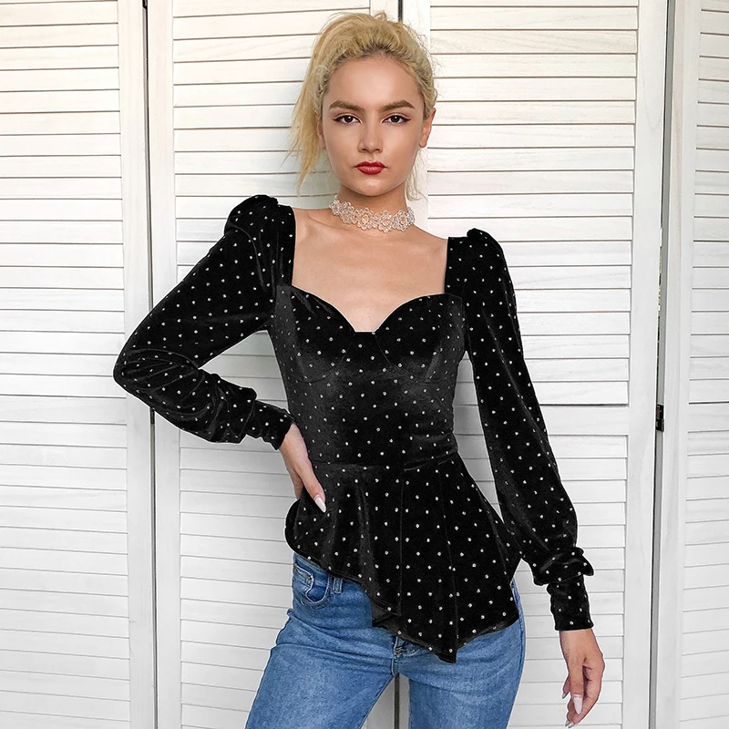 Rapwriter Elegant Square Collar Long Sleeve Faux Diamond Velvet T-shirt Women Harajuku Irregular length Hem Black Shirt Top