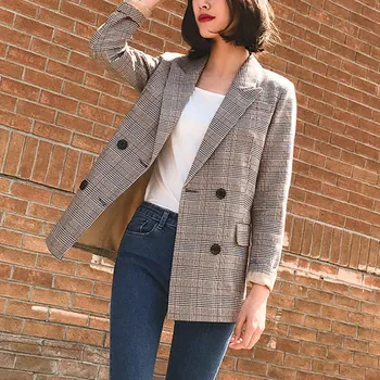 

Vintage Double Breasted Plaid Women Blazer Pockets Jackets Female Retro Suits Coat Feminino blazers Outerwear high quality