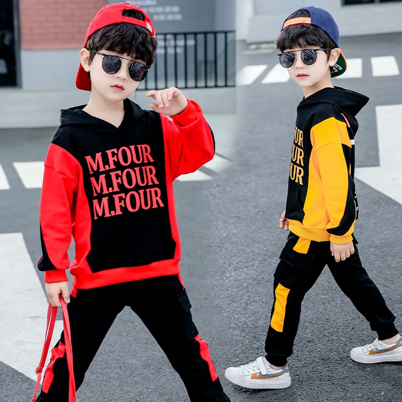 

BOY'S Suit 2020 Spring New Style Korean-style Boy Trendy Letters Printed Hoodie Big Boy Mixed Colors Two-Piece Set