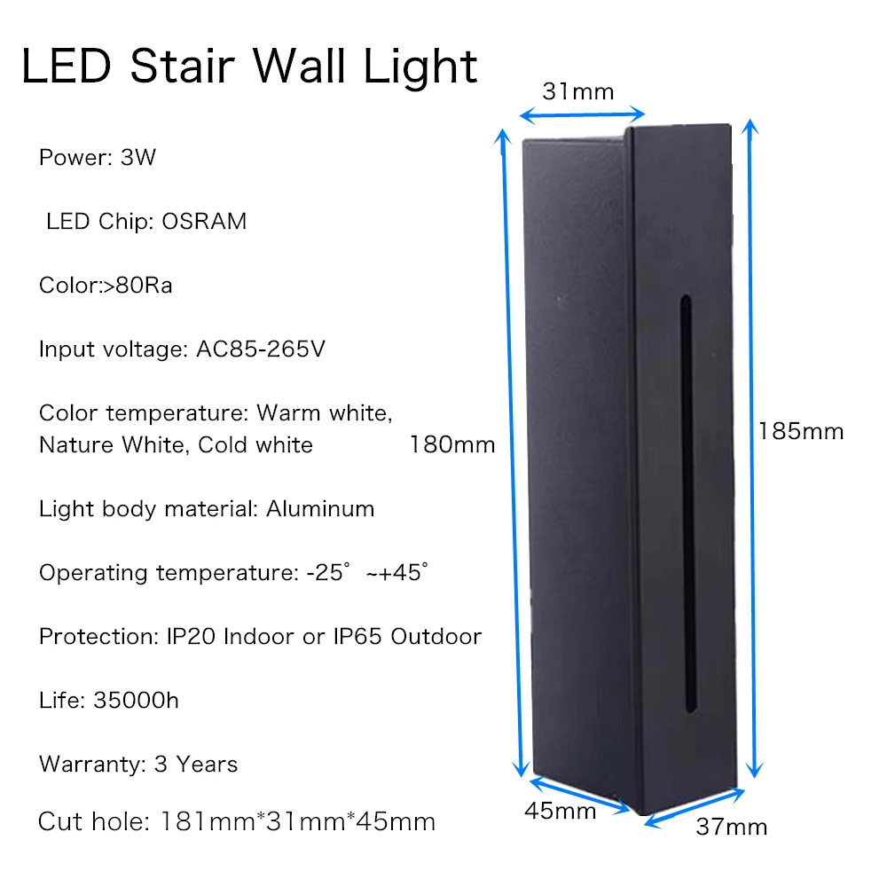 Outdoor 3W Recessed Led Wall Lamp Indoor Staircase Light AC85-265V Step Aisle Lamps Corridor Sconces Home Stairs Wall Lighting wall night light