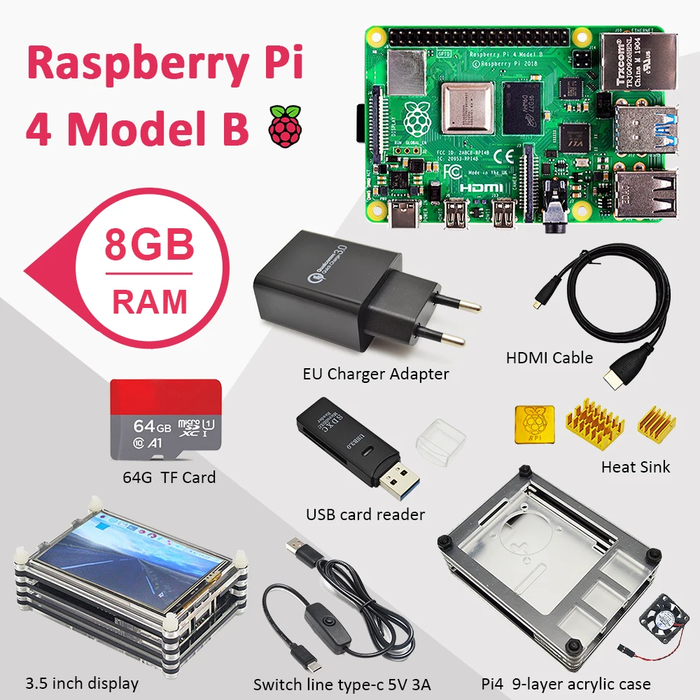 Raspberry pi 4 8 Гб комплект ОЗУ Pi Модель B PI 4B Гб: + радиатор адаптер питания Корпус